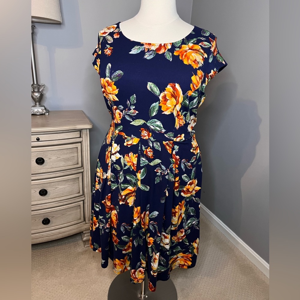 Modcloth Floral Dress in Navy and Orange
